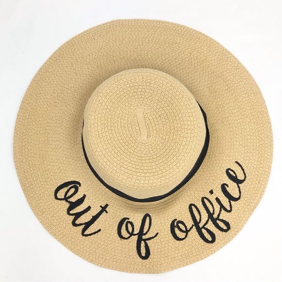 C&C Out of Office Cream Straw Sun Hat with Black Script and Hatband - Picture 4 of 11